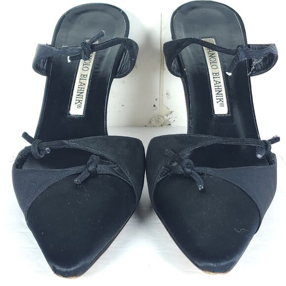 Manolo Blahnik Women's EU36 US6 Black Satin Pointed Toe Stiletto Mules Pumps - Picture 5 of 16